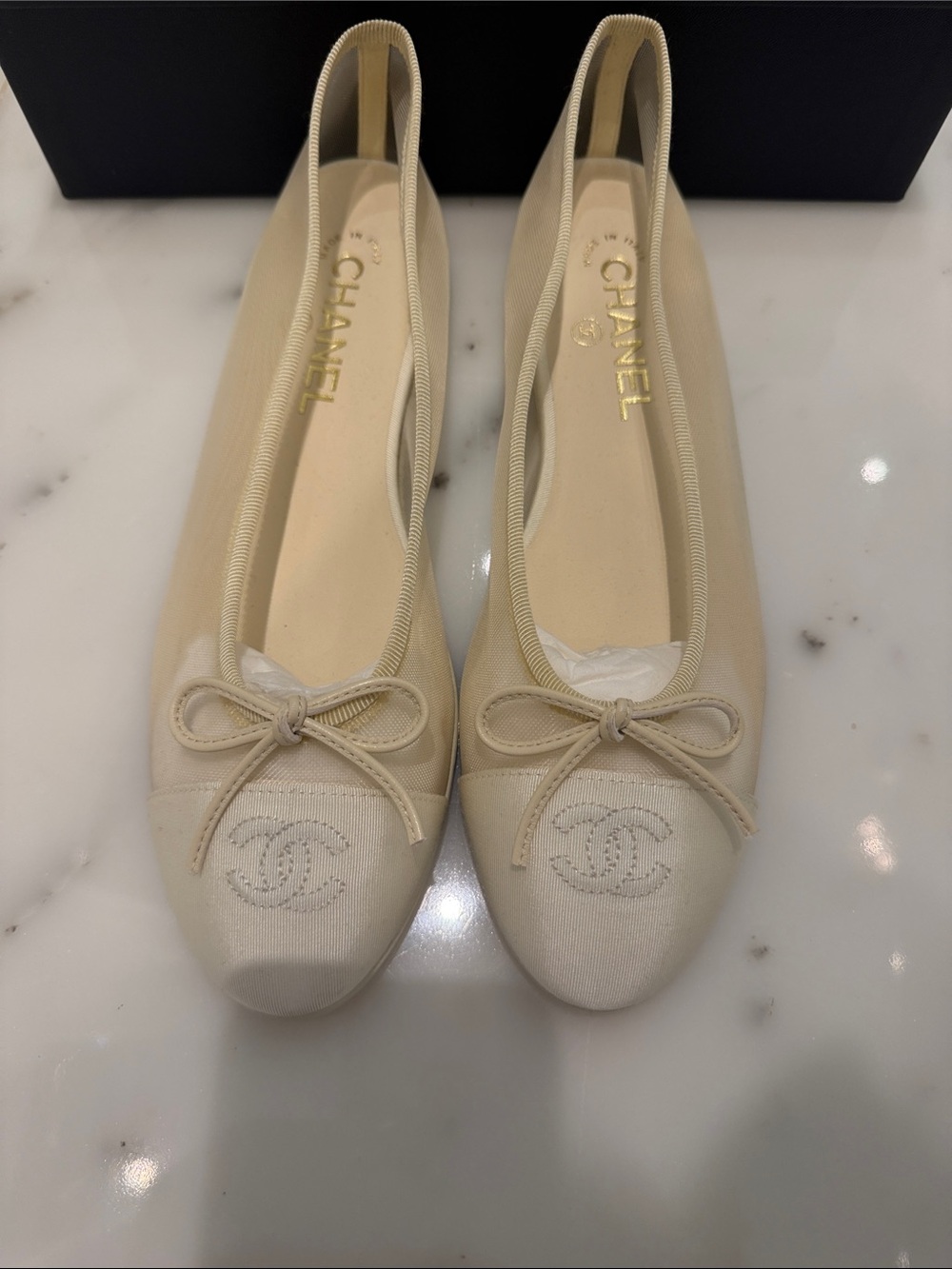 CHANEL Cream Ballerina Flats with CC Embroidery